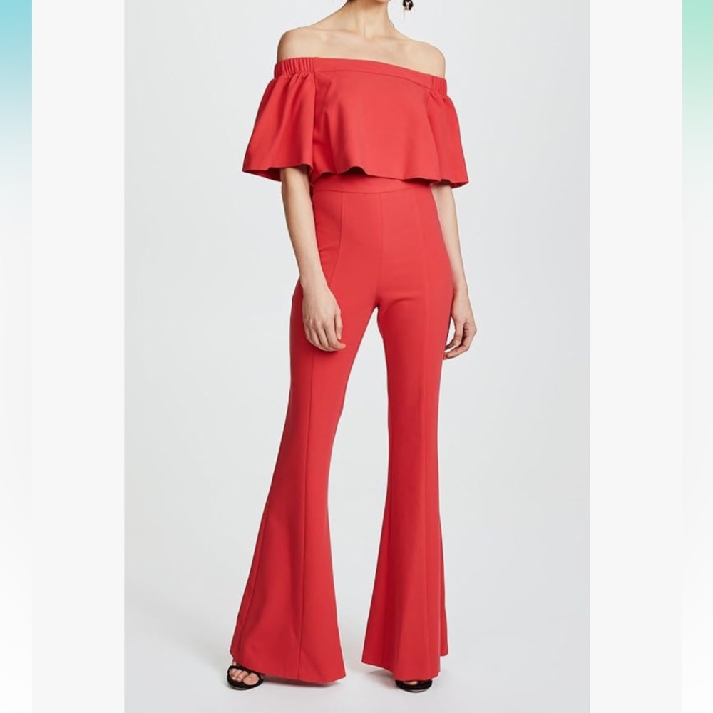 Black Halo women’s size 0 hadid Off-Shoulder Red ruffled Jumpsuit (bin U) - Picture 1 of 16
